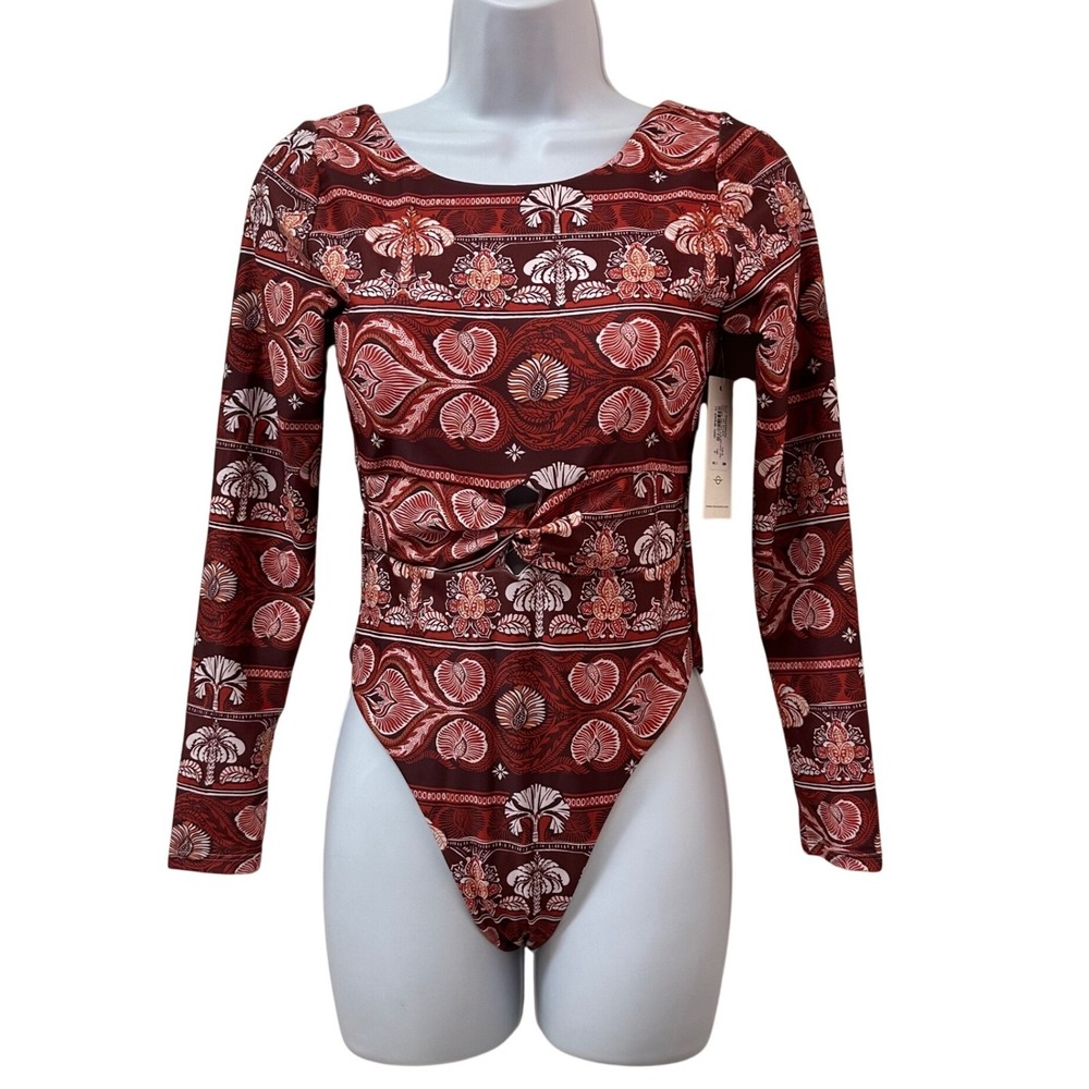 PHAX Twist Front Long Sleeve Bodysuit One Piece Swimsuit Paisley Warm Small NEW